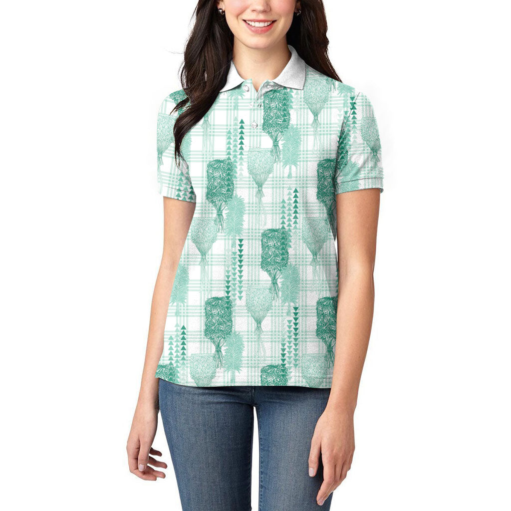 Aloha Hawaii Vintage Kahili Pa'a Lima Women Polo Shirt Palaka Print Mossy Teal