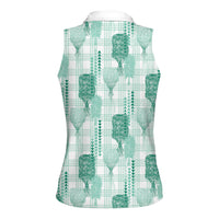 Aloha Hawaii Vintage Kahili Pa'a Lima Women Sleeveless Polo Shirt Palaka Print Mossy Teal