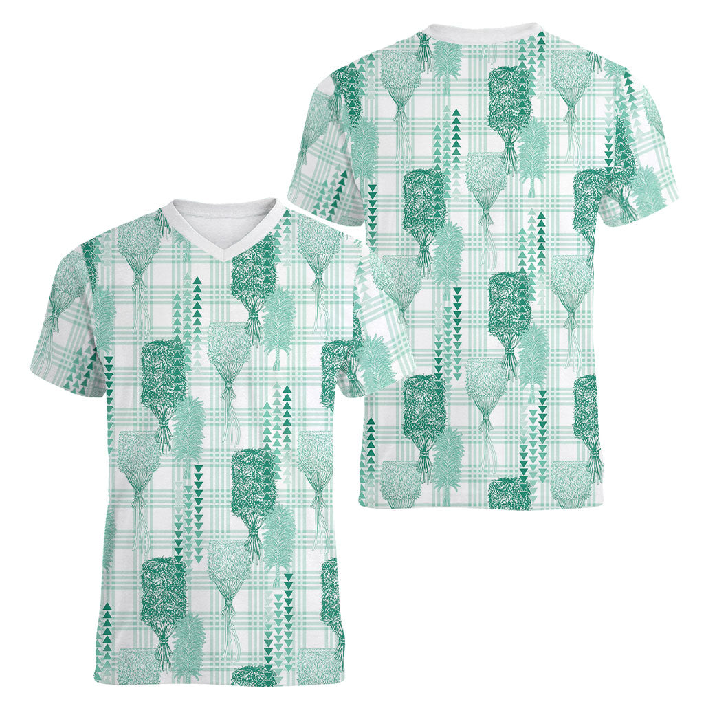 Aloha Hawaii Vintage Kahili Pa'a Lima Women V-Neck T-Shirt Palaka Print Mossy Teal