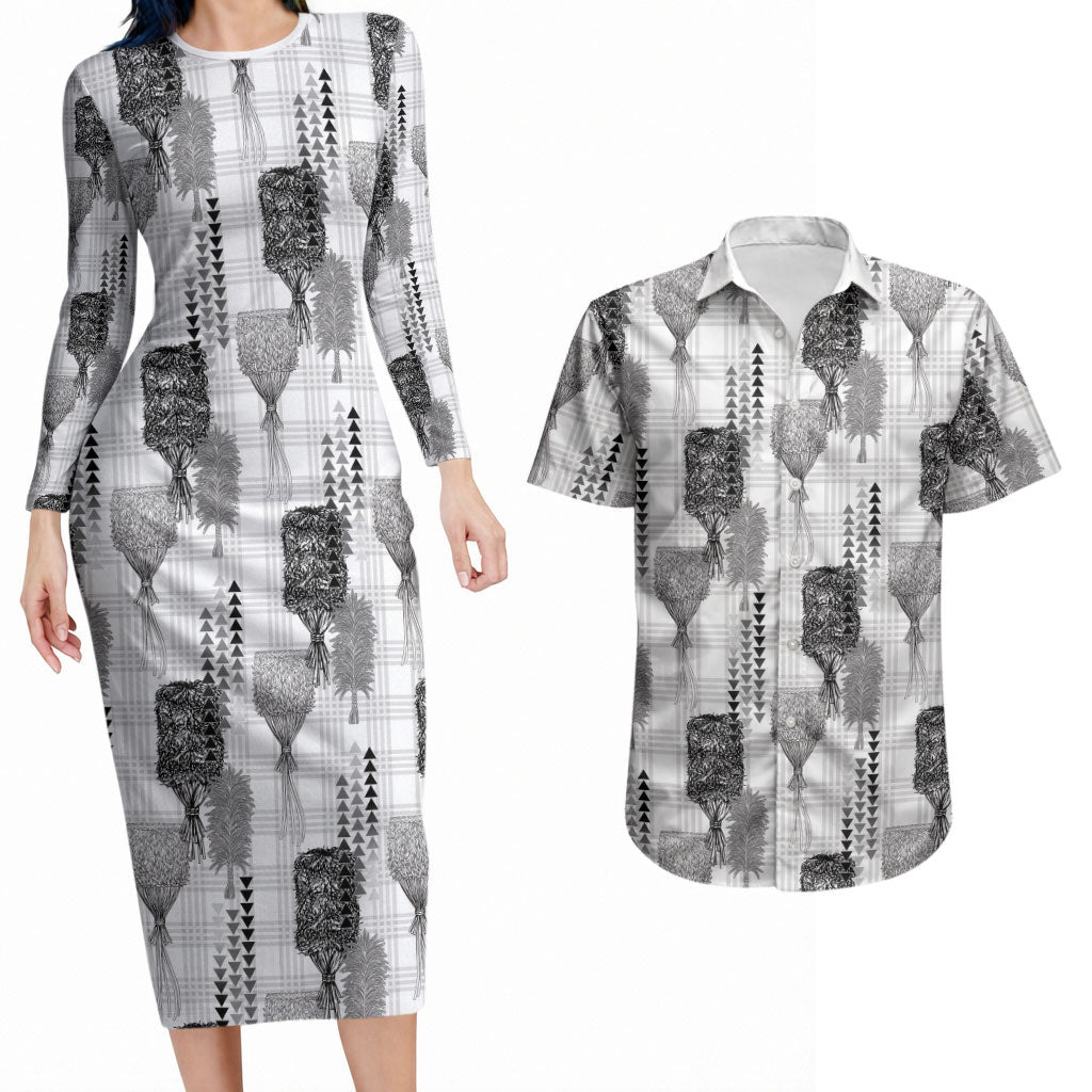 Aloha Hawaii Vintage Kahili Pa'a Lima Couples Matching Long Sleeve Bodycon Dress and Hawaiian Shirt Palaka Print Hinahina