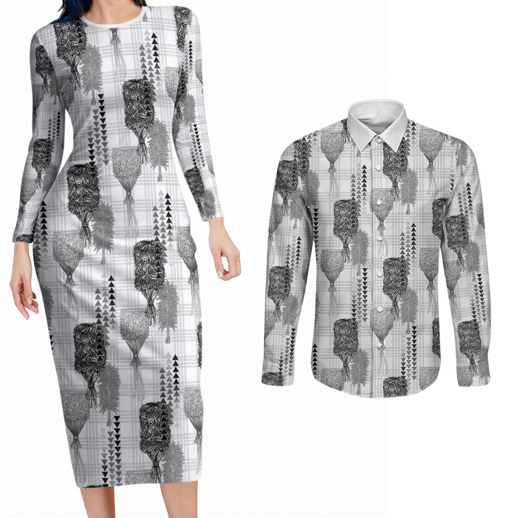 Aloha Hawaii Vintage Kahili Pa'a Lima Couples Matching Long Sleeve Bodycon Dress and Long Sleeve Button Shirt Palaka Print Hinahina LT7 Gray - Polynesian Pride