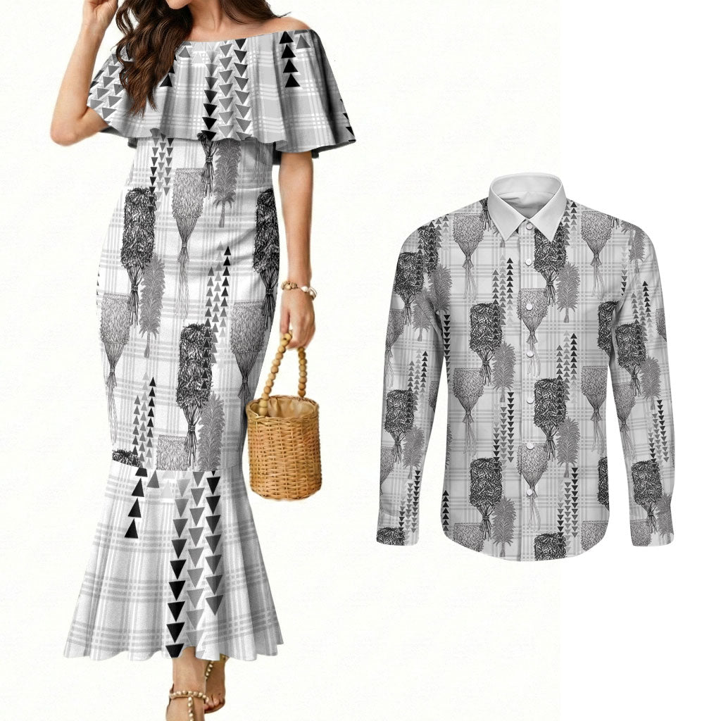Aloha Hawaii Vintage Kahili Pa'a Lima Couples Matching Mermaid Dress and Long Sleeve Button Shirt Palaka Print Hinahina LT7 Gray - Polynesian Pride