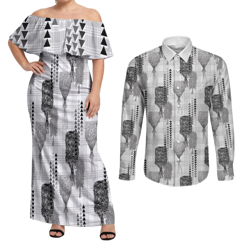 Aloha Hawaii Vintage Kahili Pa'a Lima Couples Matching Off Shoulder Maxi Dress and Long Sleeve Button Shirt Palaka Print Hinahina LT7 Gray - Polynesian Pride