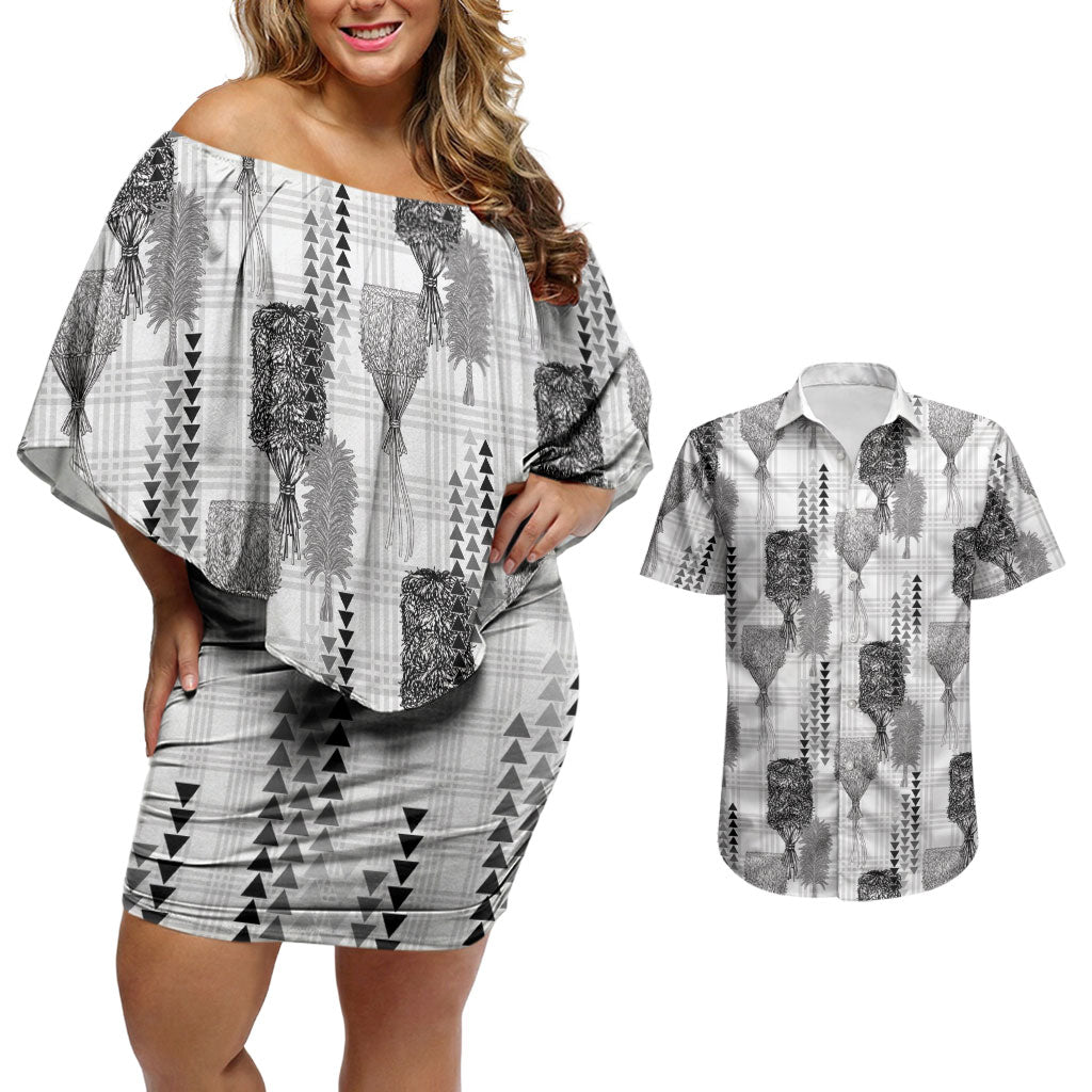 Aloha Hawaii Vintage Kahili Pa'a Lima Couples Matching Off Shoulder Short Dress and Hawaiian Shirt Palaka Print Hinahina LT7 Gray - Polynesian Pride