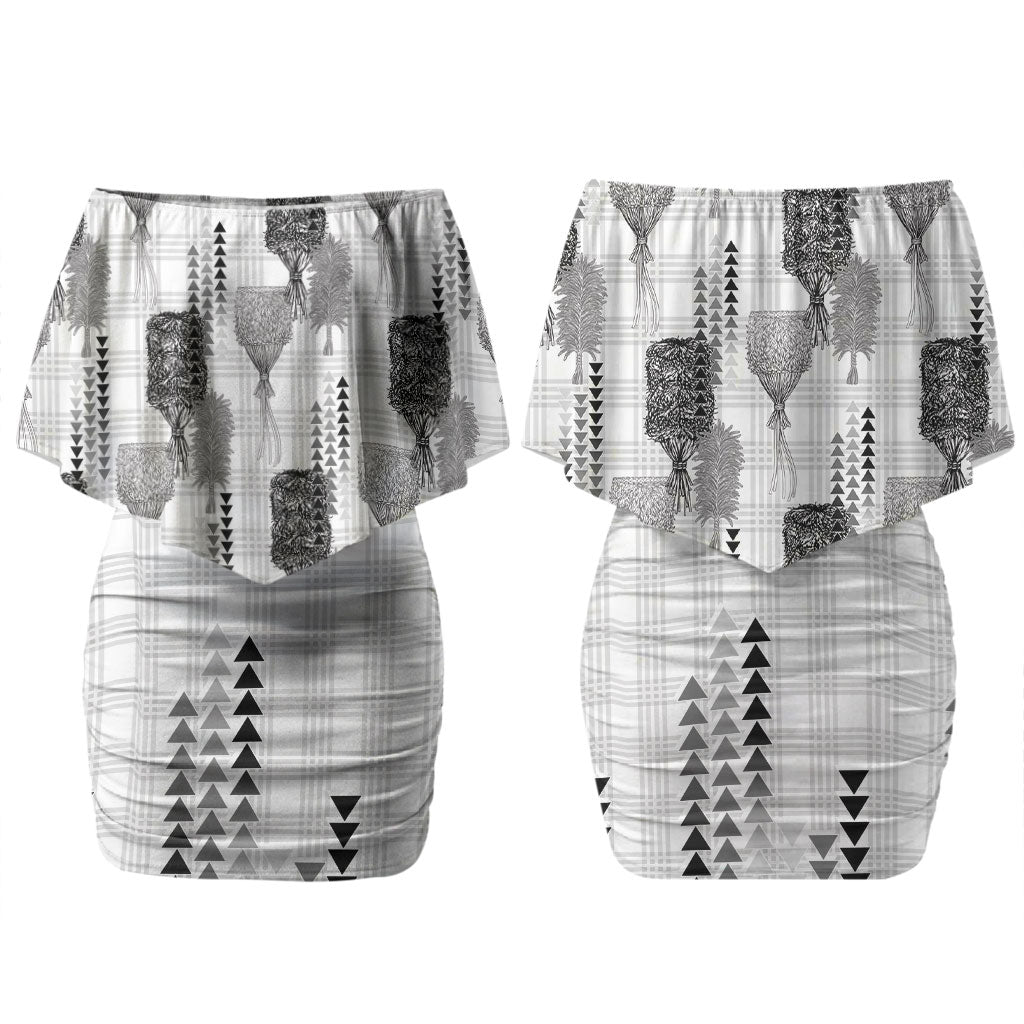 Aloha Hawaii Vintage Kahili Pa'a Lima Couples Matching Off Shoulder Short Dress and Hawaiian Shirt Palaka Print Hinahina