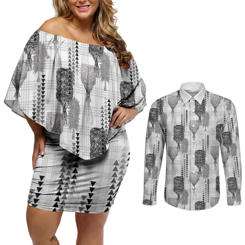 Aloha Hawaii Vintage Kahili Pa'a Lima Couples Matching Off Shoulder Short Dress and Long Sleeve Button Shirt Palaka Print Hinahina LT7 Gray - Polynesian Pride