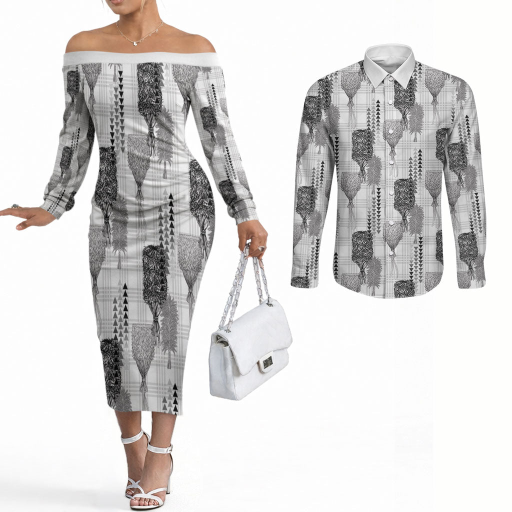 Aloha Hawaii Vintage Kahili Pa'a Lima Couples Matching Off The Shoulder Long Sleeve Dress and Long Sleeve Button Shirt Palaka Print Hinahina LT7 Gray - Polynesian Pride