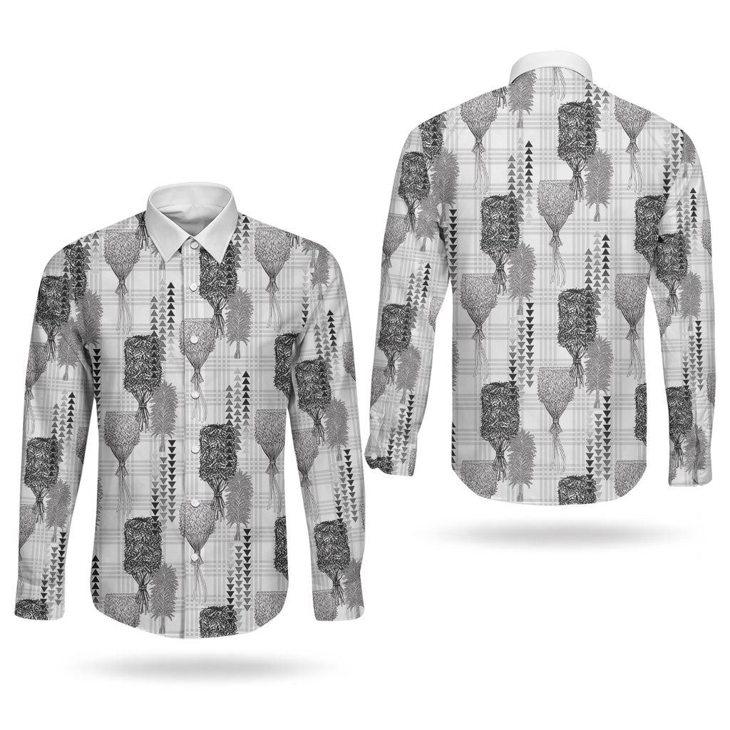 Aloha Hawaii Vintage Kahili Pa'a Lima Couples Matching Off The Shoulder Long Sleeve Dress and Long Sleeve Button Shirt Palaka Print Hinahina
