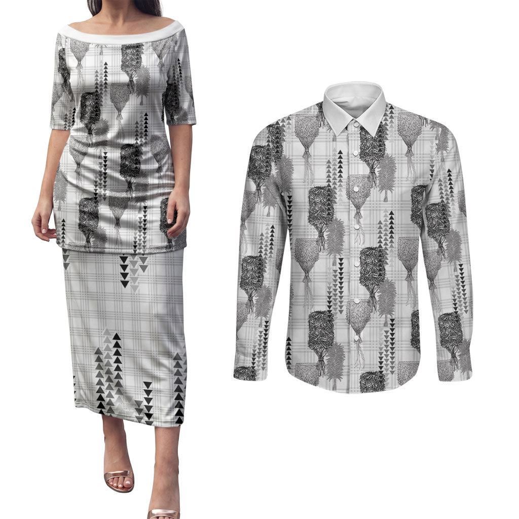 Aloha Hawaii Vintage Kahili Pa'a Lima Couples Matching Puletasi and Long Sleeve Button Shirt Palaka Print Hinahina LT7 Gray - Polynesian Pride