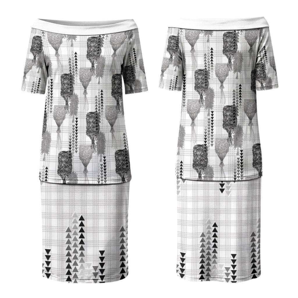 Aloha Hawaii Vintage Kahili Pa'a Lima Couples Matching Puletasi and Long Sleeve Button Shirt Palaka Print Hinahina