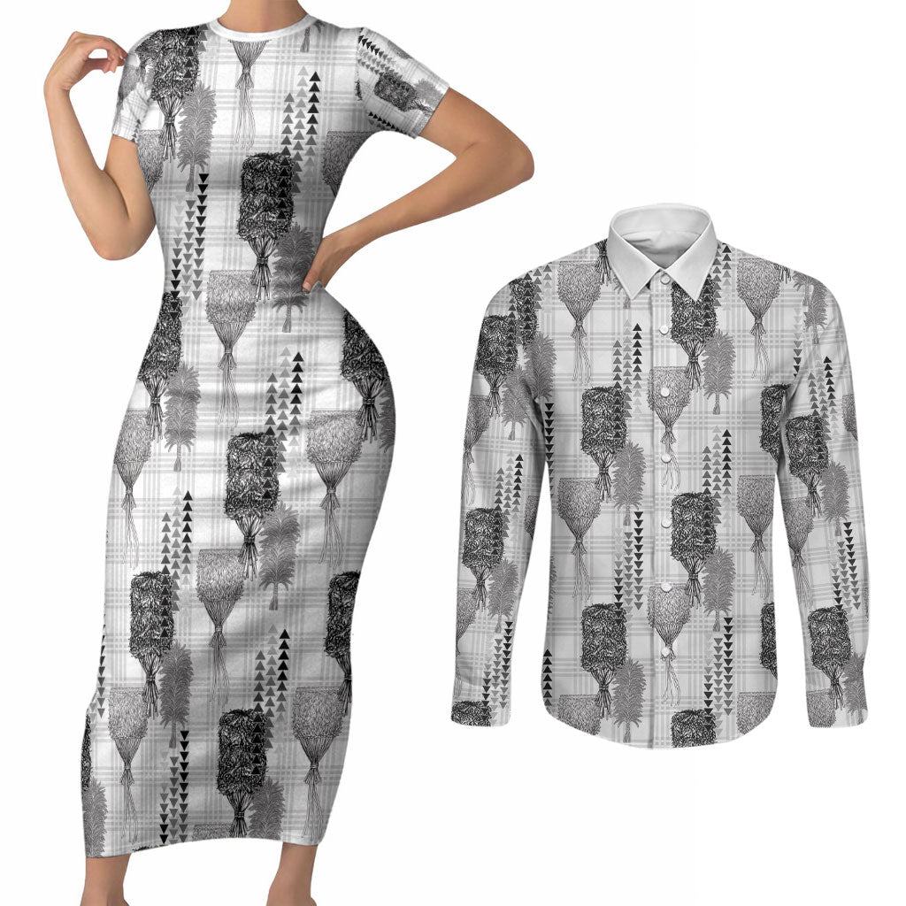 Aloha Hawaii Vintage Kahili Pa'a Lima Couples Matching Short Sleeve Bodycon Dress and Long Sleeve Button Shirt Palaka Print Hinahina