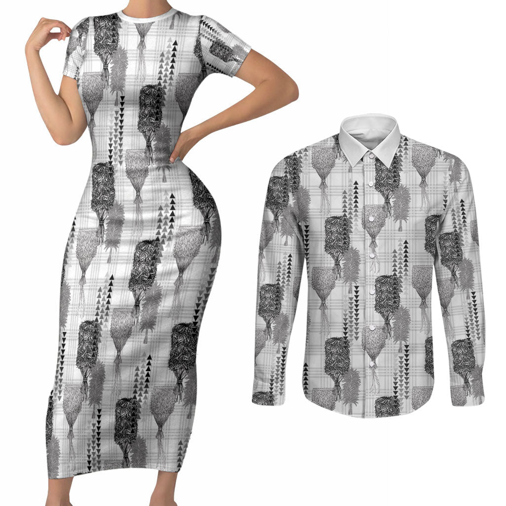 Aloha Hawaii Vintage Kahili Pa'a Lima Couples Matching Short Sleeve Bodycon Dress and Long Sleeve Button Shirt Palaka Print Hinahina LT7 Gray - Polynesian Pride