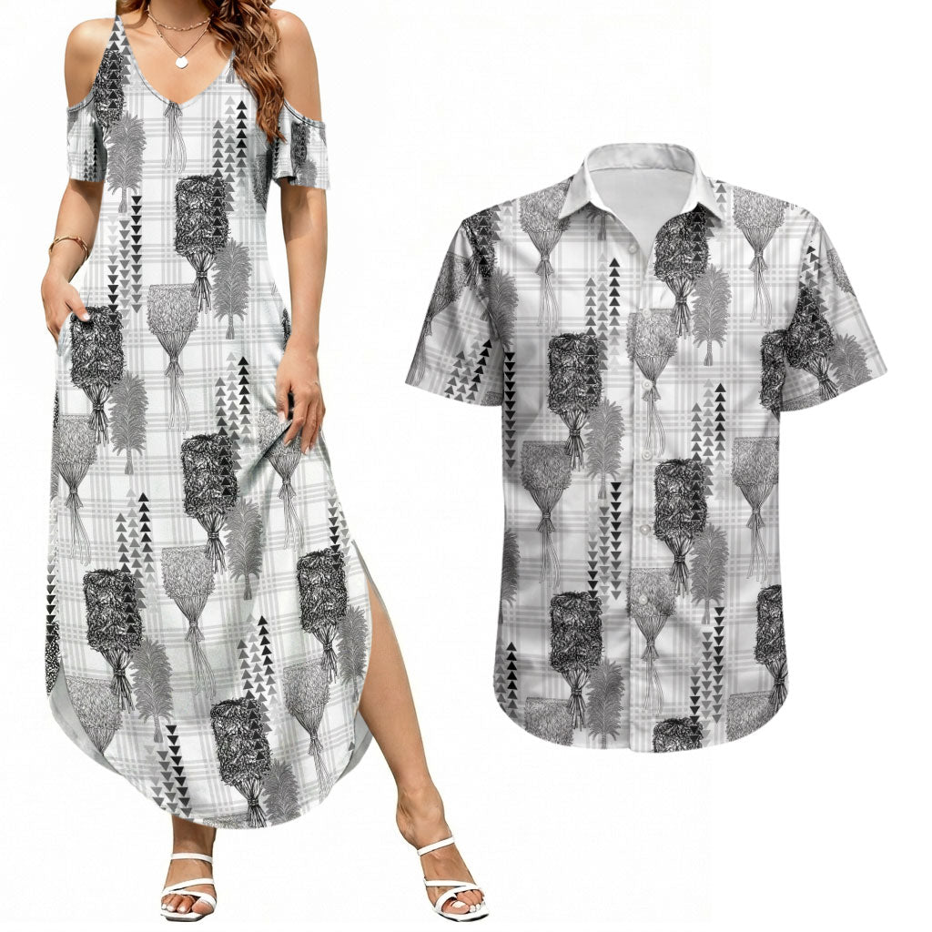 Aloha Hawaii Vintage Kahili Pa'a Lima Couples Matching Summer Maxi Dress and Hawaiian Shirt Palaka Print Hinahina LT7 Gray - Polynesian Pride