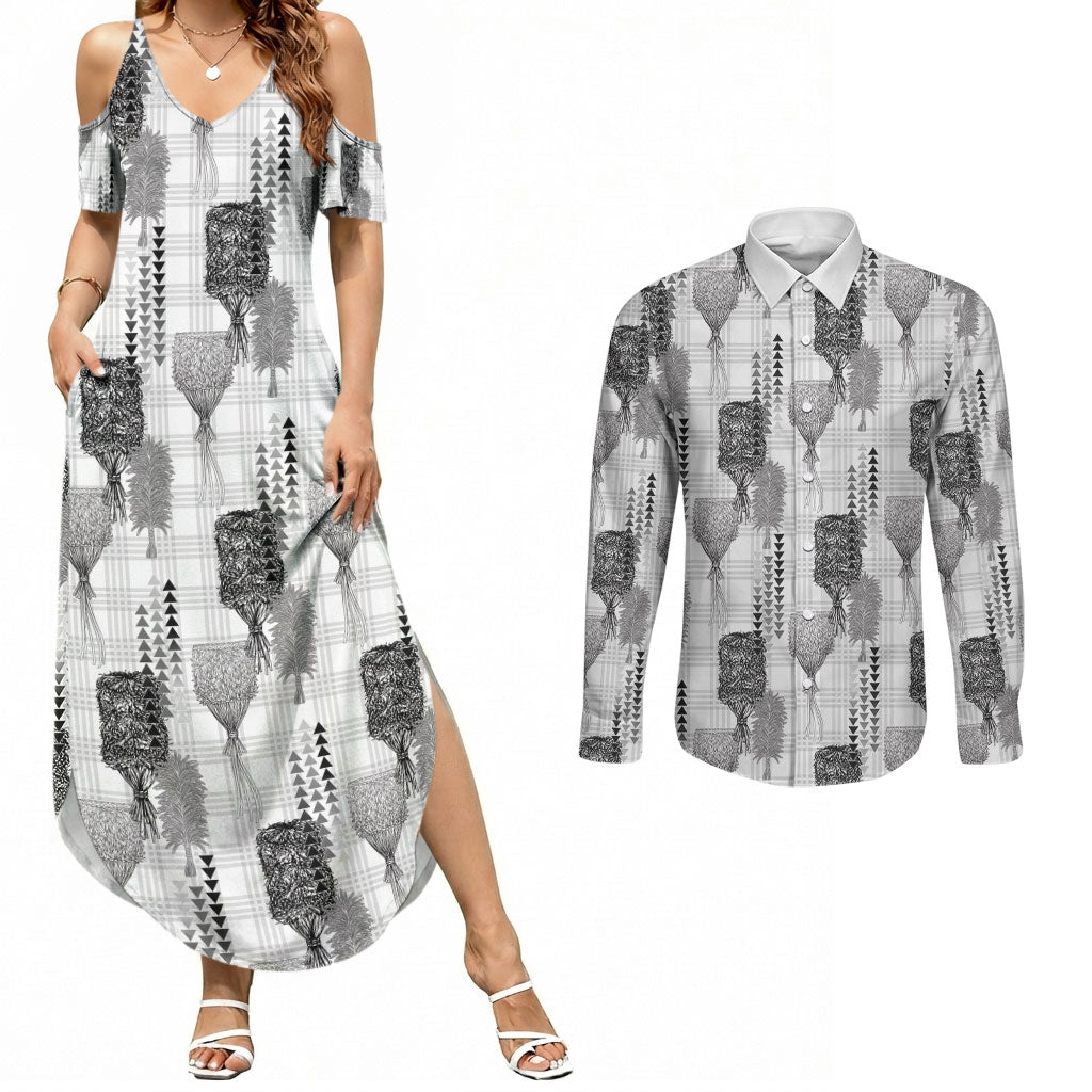 Aloha Hawaii Vintage Kahili Pa'a Lima Couples Matching Summer Maxi Dress and Long Sleeve Button Shirt Palaka Print Hinahina LT7 Gray - Polynesian Pride