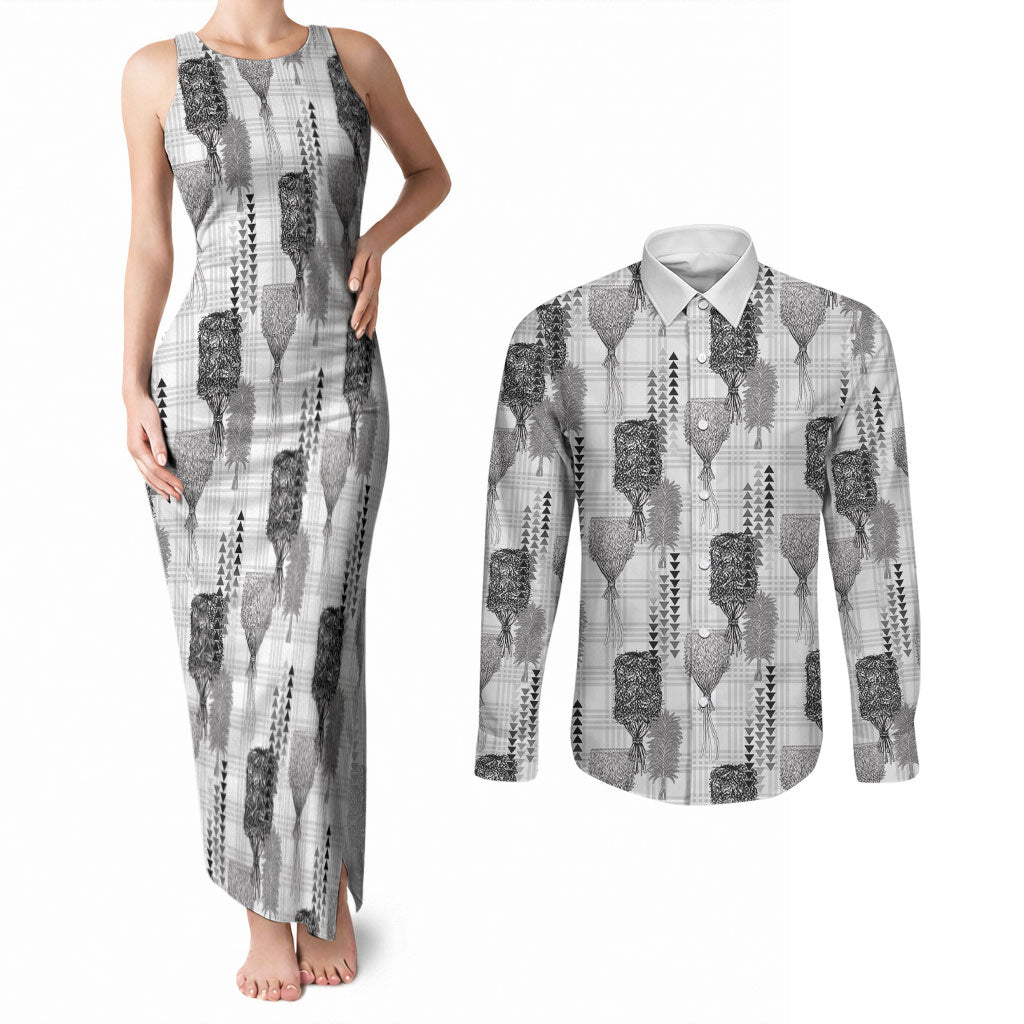 Aloha Hawaii Vintage Kahili Pa'a Lima Couples Matching Tank Maxi Dress and Long Sleeve Button Shirt Palaka Print Hinahina LT7 Gray - Polynesian Pride