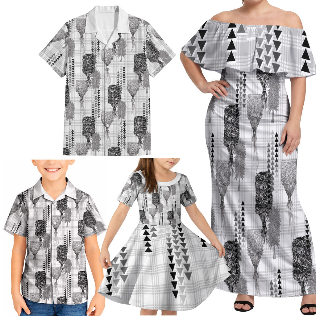 Aloha Hawaii Vintage Kahili Pa'a Lima Family Matching Off Shoulder Maxi Dress and Hawaiian Shirt Palaka Print Hinahina