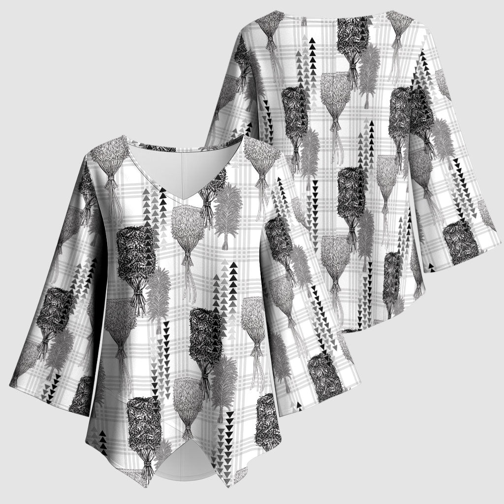 Aloha Hawaii Vintage Kahili Pa'a Lima Kimono Sleeve Blouse Palaka Print Hinahina