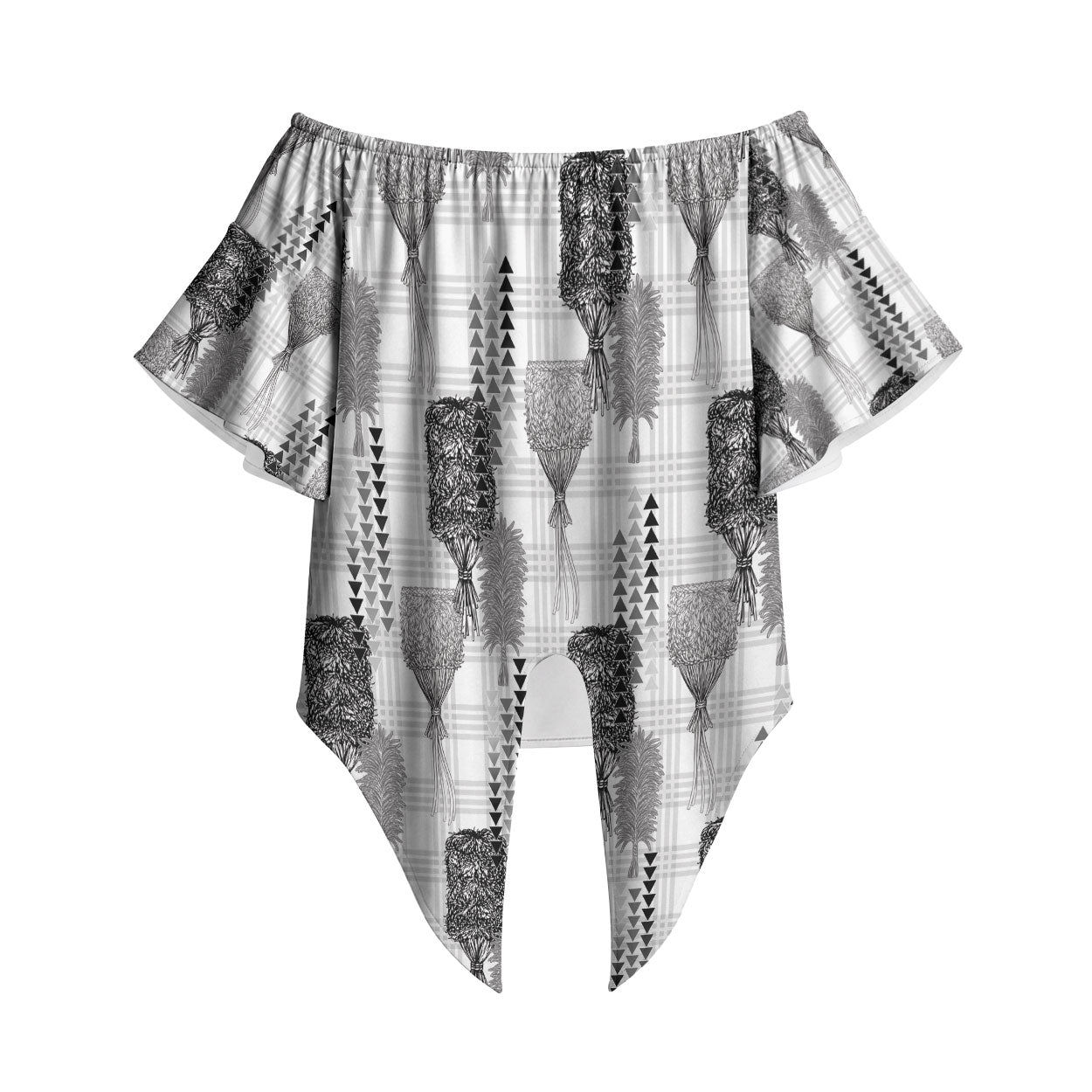 Aloha Hawaii Vintage Kahili Pa'a Lima Off Shoulder Wrap Waist Top Palaka Print Hinahina LT7 Gray - Polynesian Pride