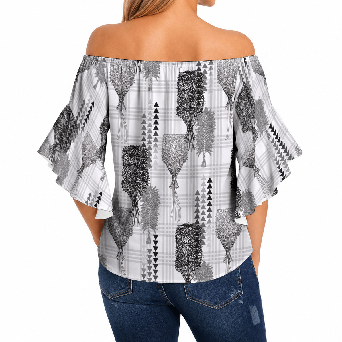 Aloha Hawaii Vintage Kahili Pa'a Lima Off Shoulder Wrap Waist Top Palaka Print Hinahina LT7 - Polynesian Pride