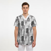 Aloha Hawaii Vintage Kahili Pa'a Lima Scrub Top Palaka Print Hinahina