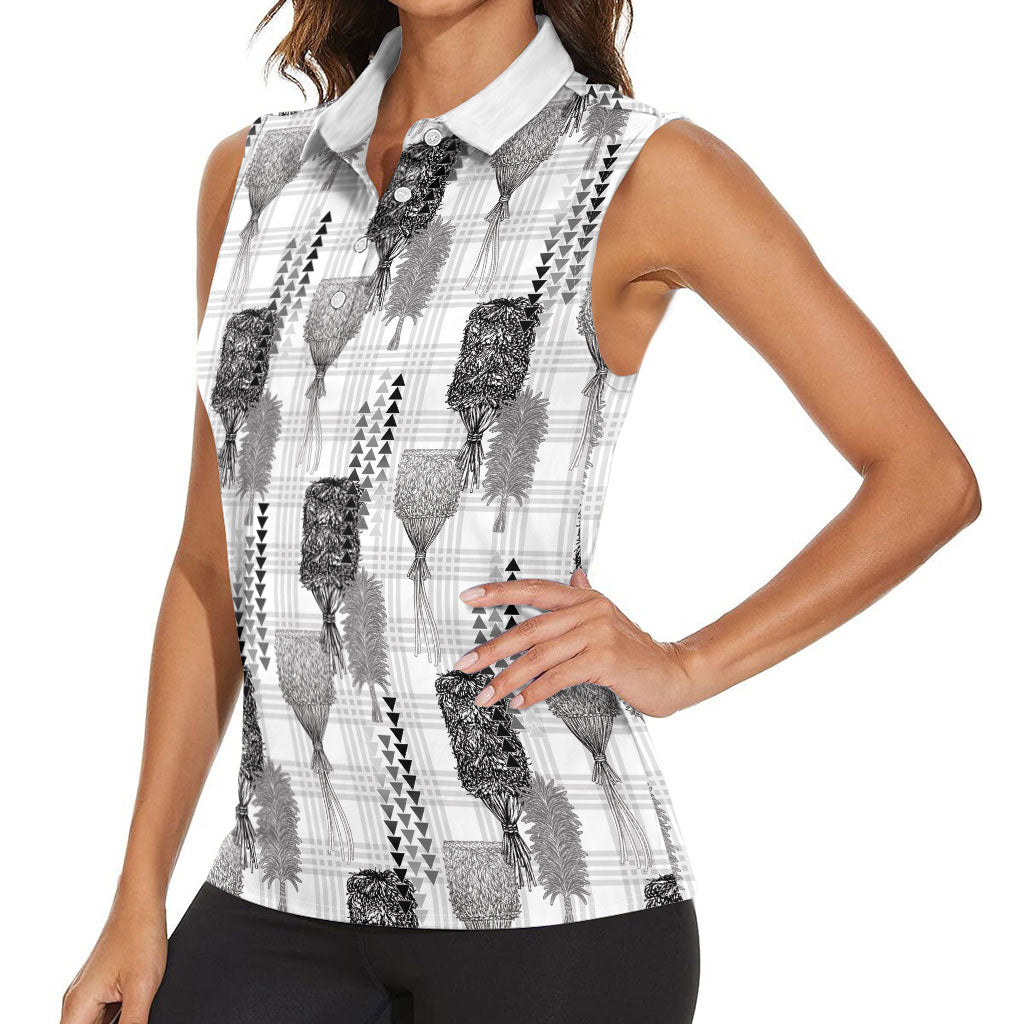 Aloha Hawaii Vintage Kahili Pa'a Lima Women Sleeveless Polo Shirt Palaka Print Hinahina