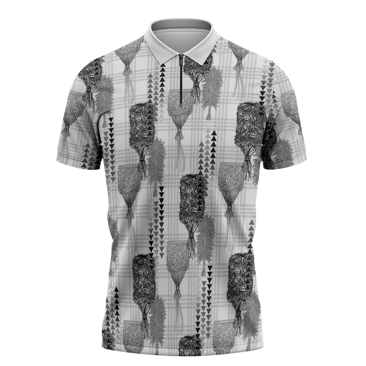 Aloha Hawaii Vintage Kahili Pa'a Lima Zipper Polo Shirt Palaka Print Hinahina