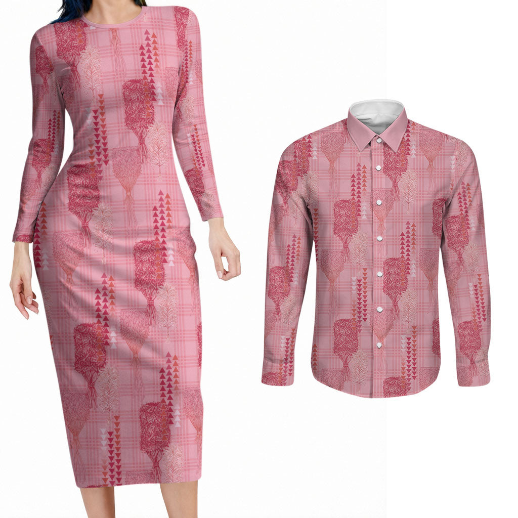 Aloha Hawaii Vintage Kahili Pa'a Lima Couples Matching Long Sleeve Bodycon Dress and Long Sleeve Button Shirt Palaka Print Berry Pink LT7 Pink - Polynesian Pride