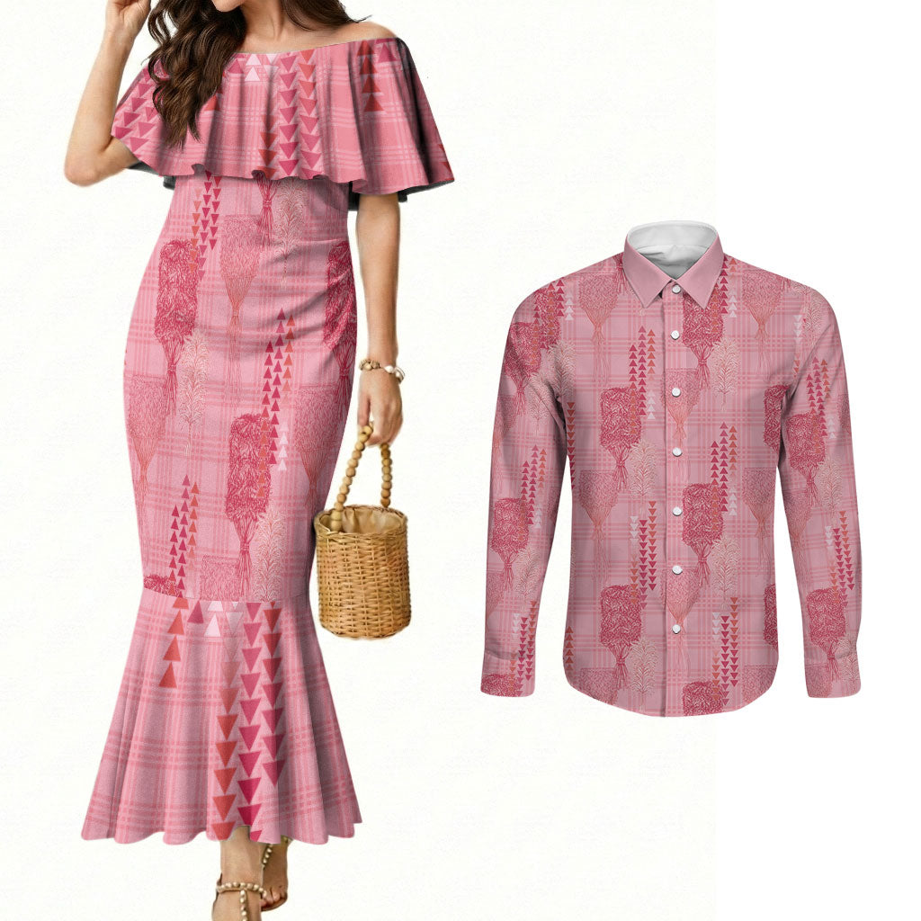 Aloha Hawaii Vintage Kahili Pa'a Lima Couples Matching Mermaid Dress and Long Sleeve Button Shirt Palaka Print Berry Pink LT7 Pink - Polynesian Pride