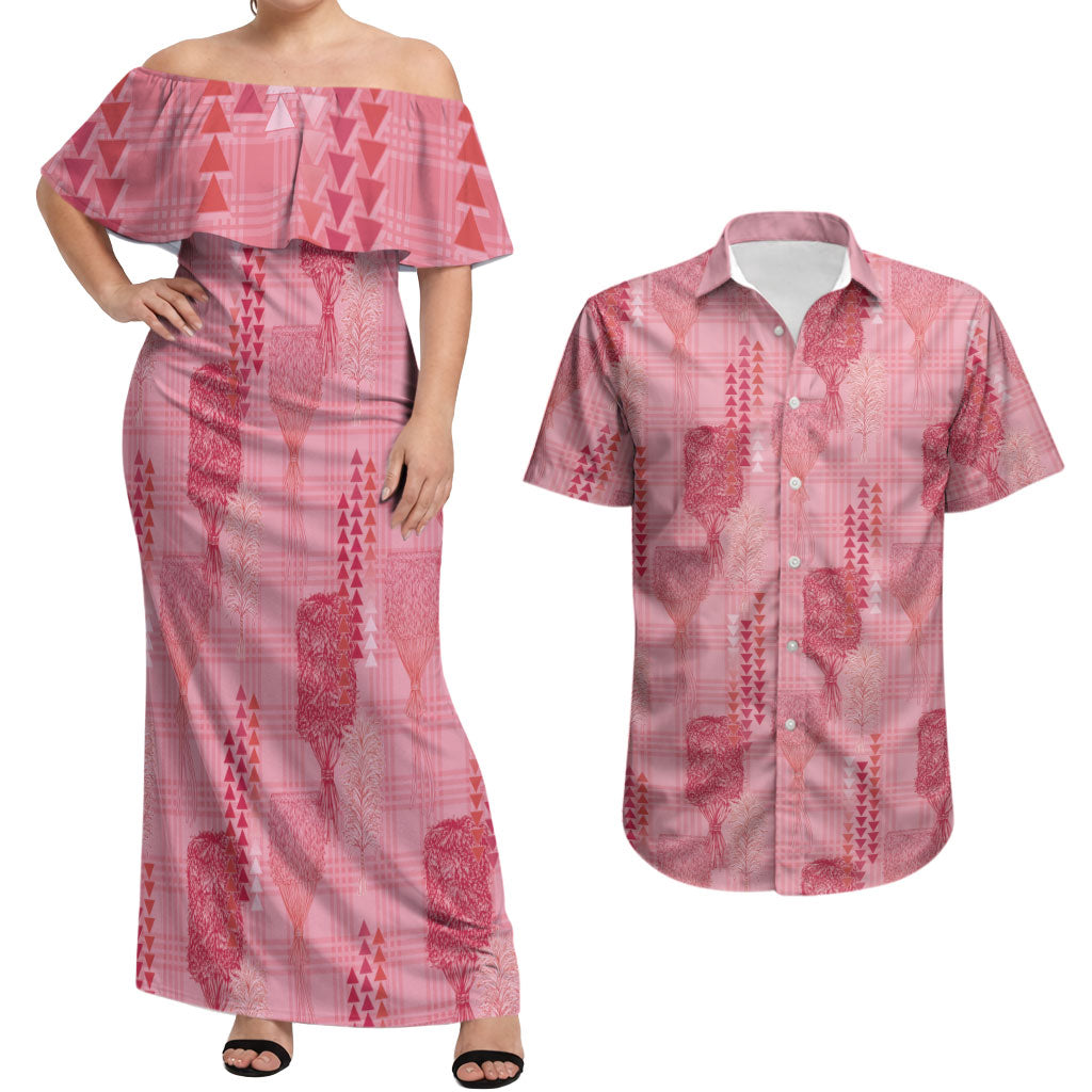 Aloha Hawaii Vintage Kahili Pa'a Lima Couples Matching Off Shoulder Maxi Dress and Hawaiian Shirt Palaka Print Berry Pink LT7 Pink - Polynesian Pride
