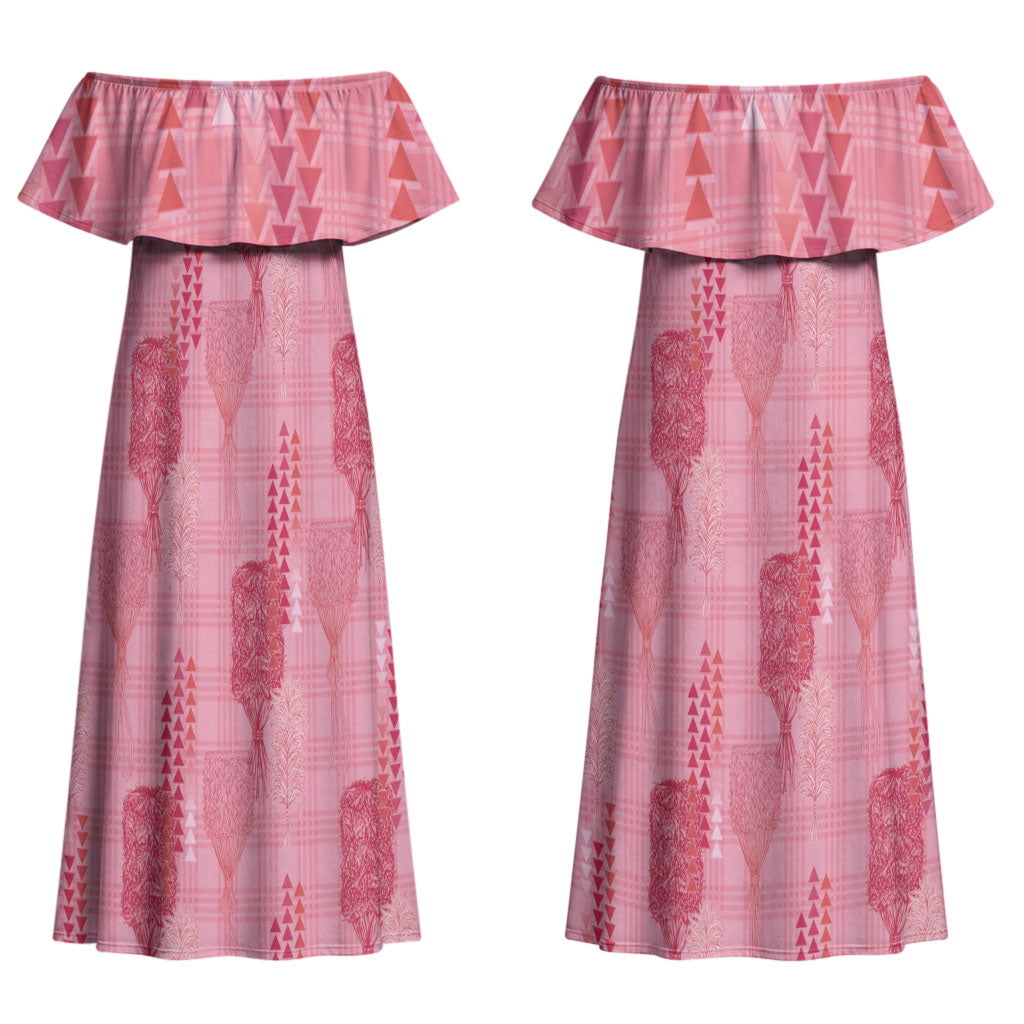 Aloha Hawaii Vintage Kahili Pa'a Lima Couples Matching Off Shoulder Maxi Dress and Hawaiian Shirt Palaka Print Berry Pink
