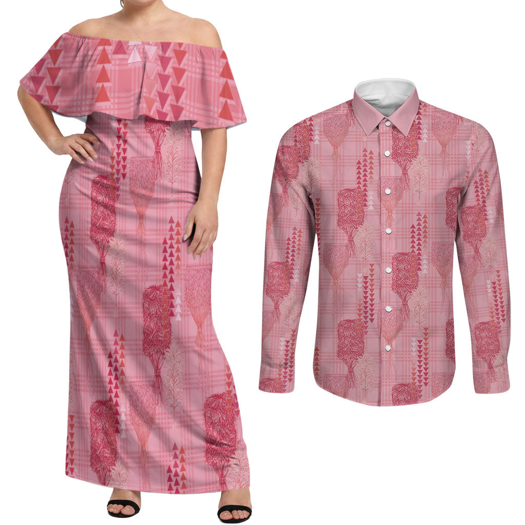 Aloha Hawaii Vintage Kahili Pa'a Lima Couples Matching Off Shoulder Maxi Dress and Long Sleeve Button Shirt Palaka Print Berry Pink LT7 Pink - Polynesian Pride