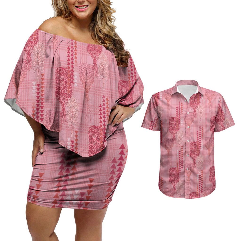 Aloha Hawaii Vintage Kahili Pa'a Lima Couples Matching Off Shoulder Short Dress and Hawaiian Shirt Palaka Print Berry Pink LT7 Pink - Polynesian Pride