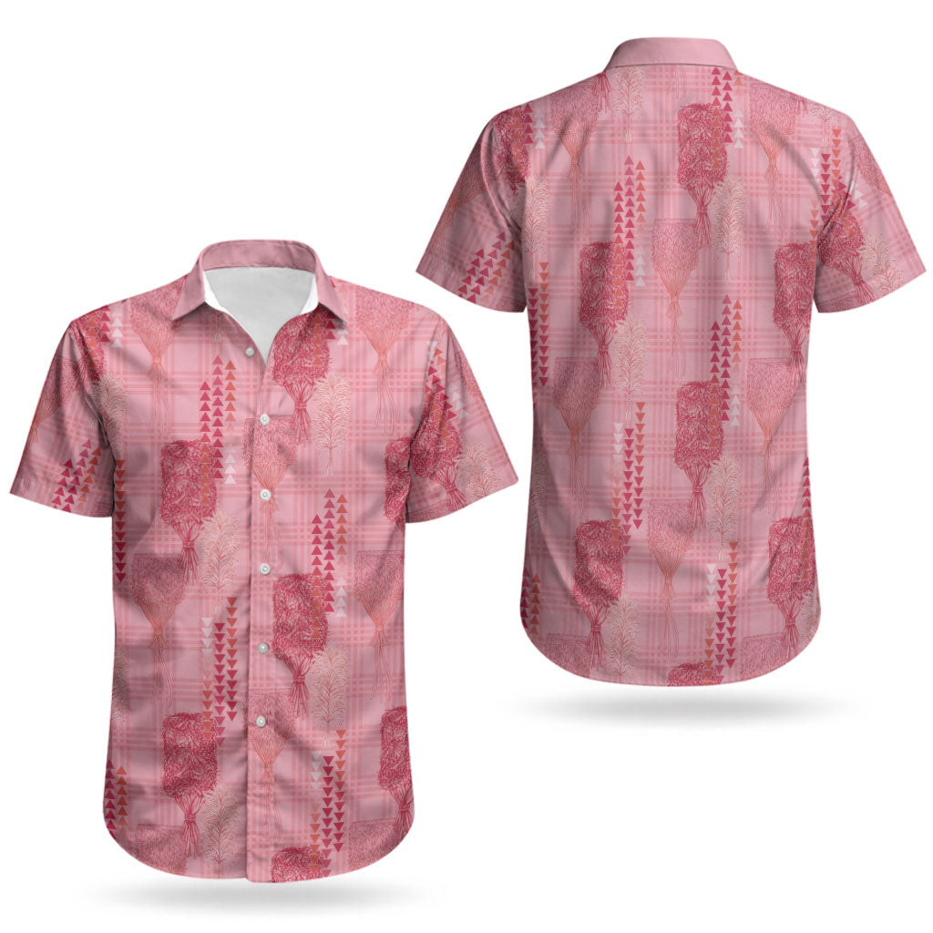 Aloha Hawaii Vintage Kahili Pa'a Lima Couples Matching Off Shoulder Short Dress and Hawaiian Shirt Palaka Print Berry Pink