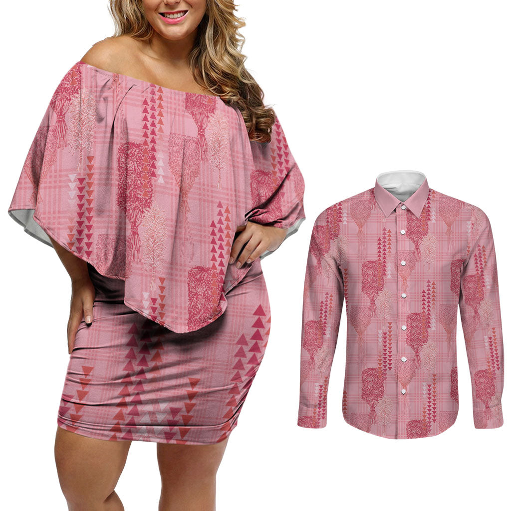 Aloha Hawaii Vintage Kahili Pa'a Lima Couples Matching Off Shoulder Short Dress and Long Sleeve Button Shirt Palaka Print Berry Pink LT7 Pink - Polynesian Pride