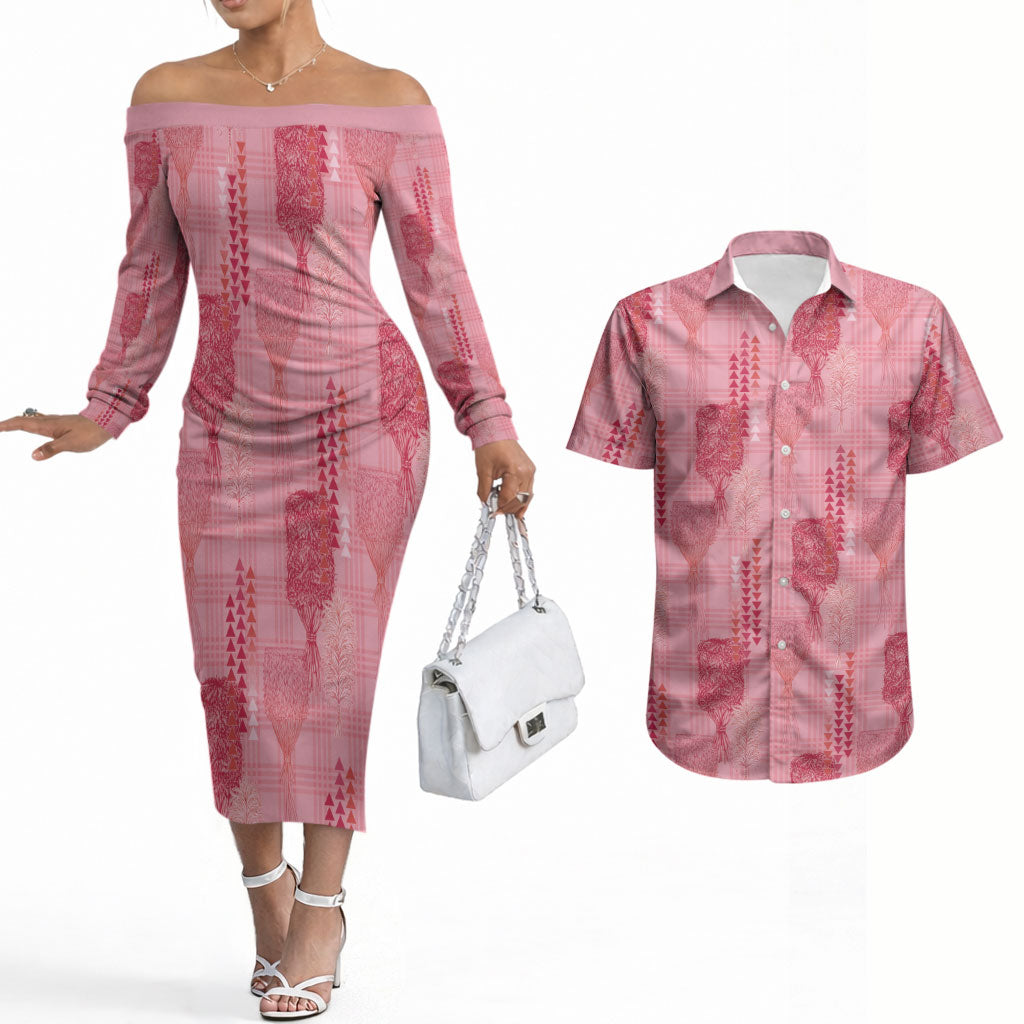 Aloha Hawaii Vintage Kahili Pa'a Lima Couples Matching Off The Shoulder Long Sleeve Dress and Hawaiian Shirt Palaka Print Berry Pink
