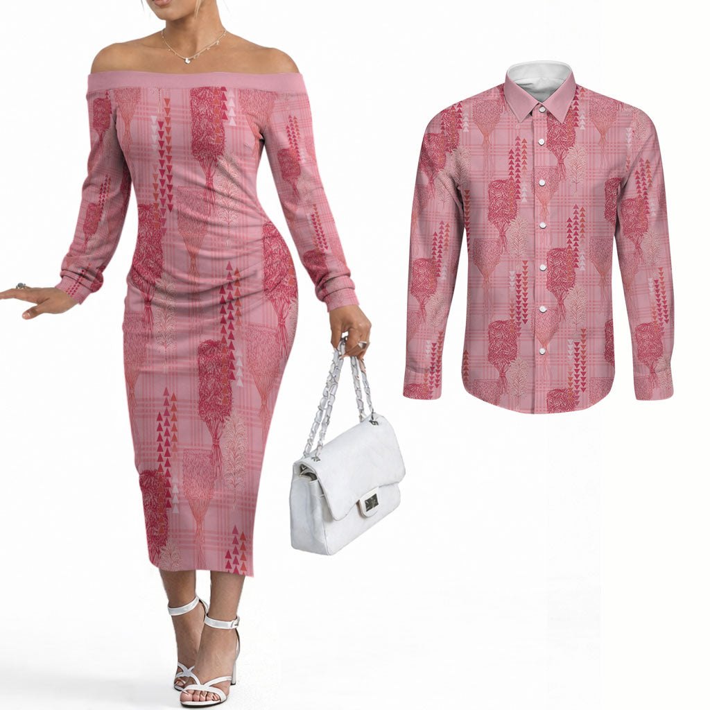 Aloha Hawaii Vintage Kahili Pa'a Lima Couples Matching Off The Shoulder Long Sleeve Dress and Long Sleeve Button Shirt Palaka Print Berry Pink LT7 Pink - Polynesian Pride