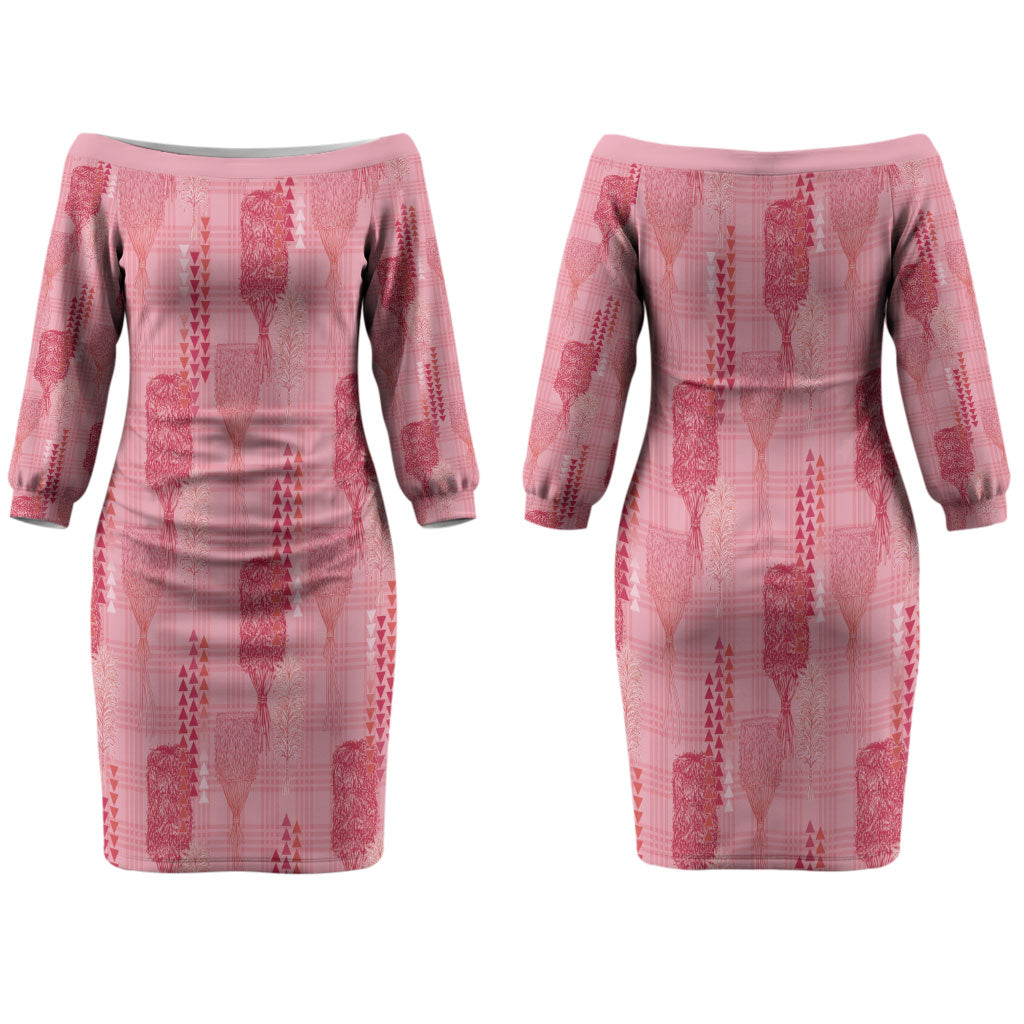 Aloha Hawaii Vintage Kahili Pa'a Lima Couples Matching Off The Shoulder Long Sleeve Dress and Long Sleeve Button Shirt Palaka Print Berry Pink
