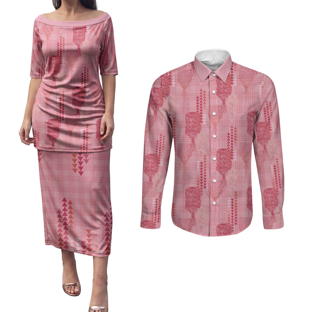 Aloha Hawaii Vintage Kahili Pa'a Lima Couples Matching Puletasi and Long Sleeve Button Shirt Palaka Print Berry Pink LT7 Pink - Polynesian Pride
