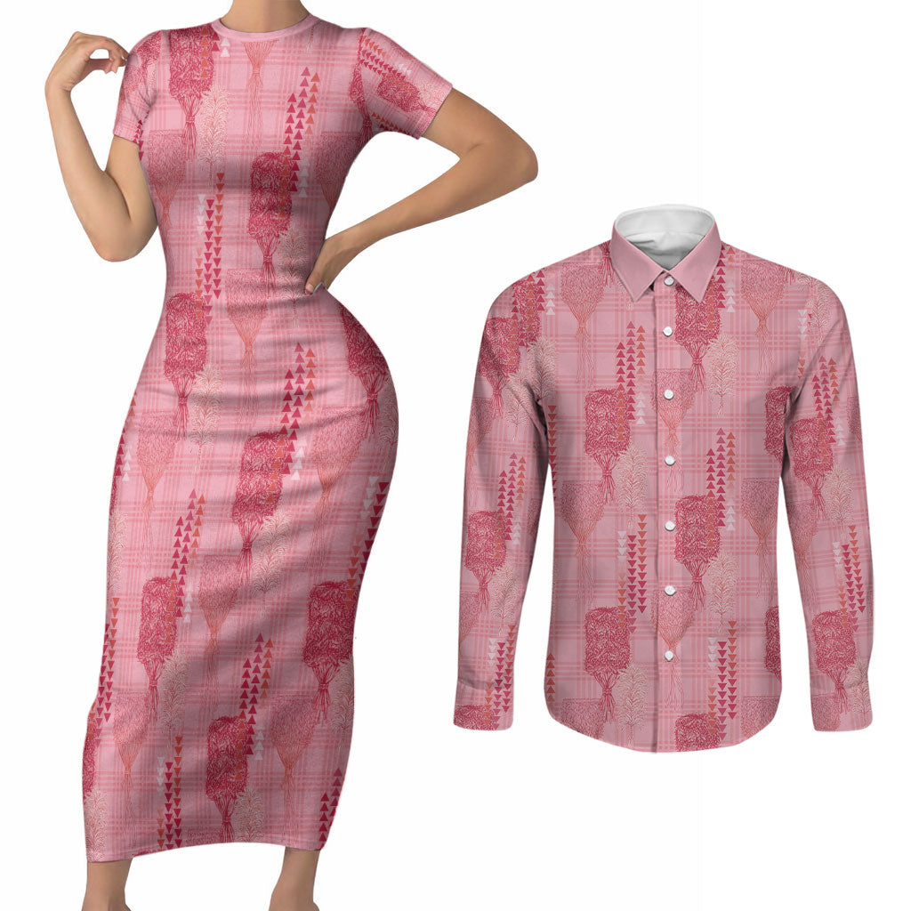 Aloha Hawaii Vintage Kahili Pa'a Lima Couples Matching Short Sleeve Bodycon Dress and Long Sleeve Button Shirt Palaka Print Berry Pink LT7 Pink - Polynesian Pride