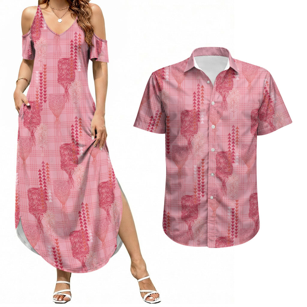 Aloha Hawaii Vintage Kahili Pa'a Lima Couples Matching Summer Maxi Dress and Hawaiian Shirt Palaka Print Berry Pink LT7 Pink - Polynesian Pride