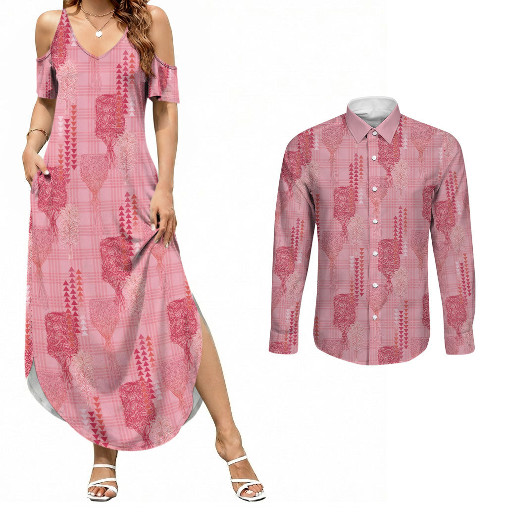 Aloha Hawaii Vintage Kahili Pa'a Lima Couples Matching Summer Maxi Dress and Long Sleeve Button Shirt Palaka Print Berry Pink LT7 Pink - Polynesian Pride