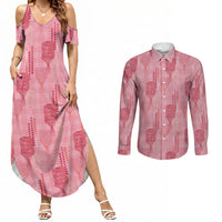 Aloha Hawaii Vintage Kahili Pa'a Lima Couples Matching Summer Maxi Dress and Long Sleeve Button Shirt Palaka Print Berry Pink
