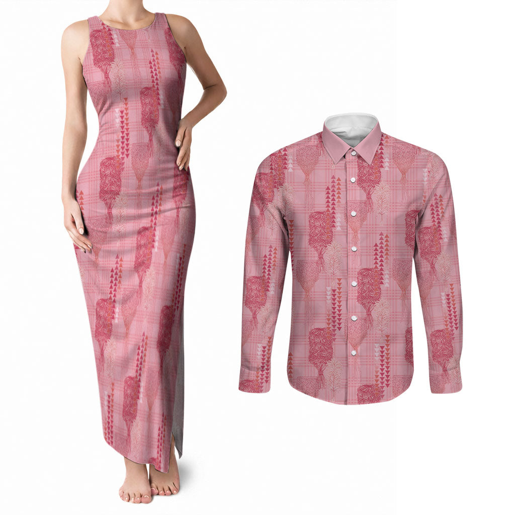 Aloha Hawaii Vintage Kahili Pa'a Lima Couples Matching Tank Maxi Dress and Long Sleeve Button Shirt Palaka Print Berry Pink LT7 Pink - Polynesian Pride