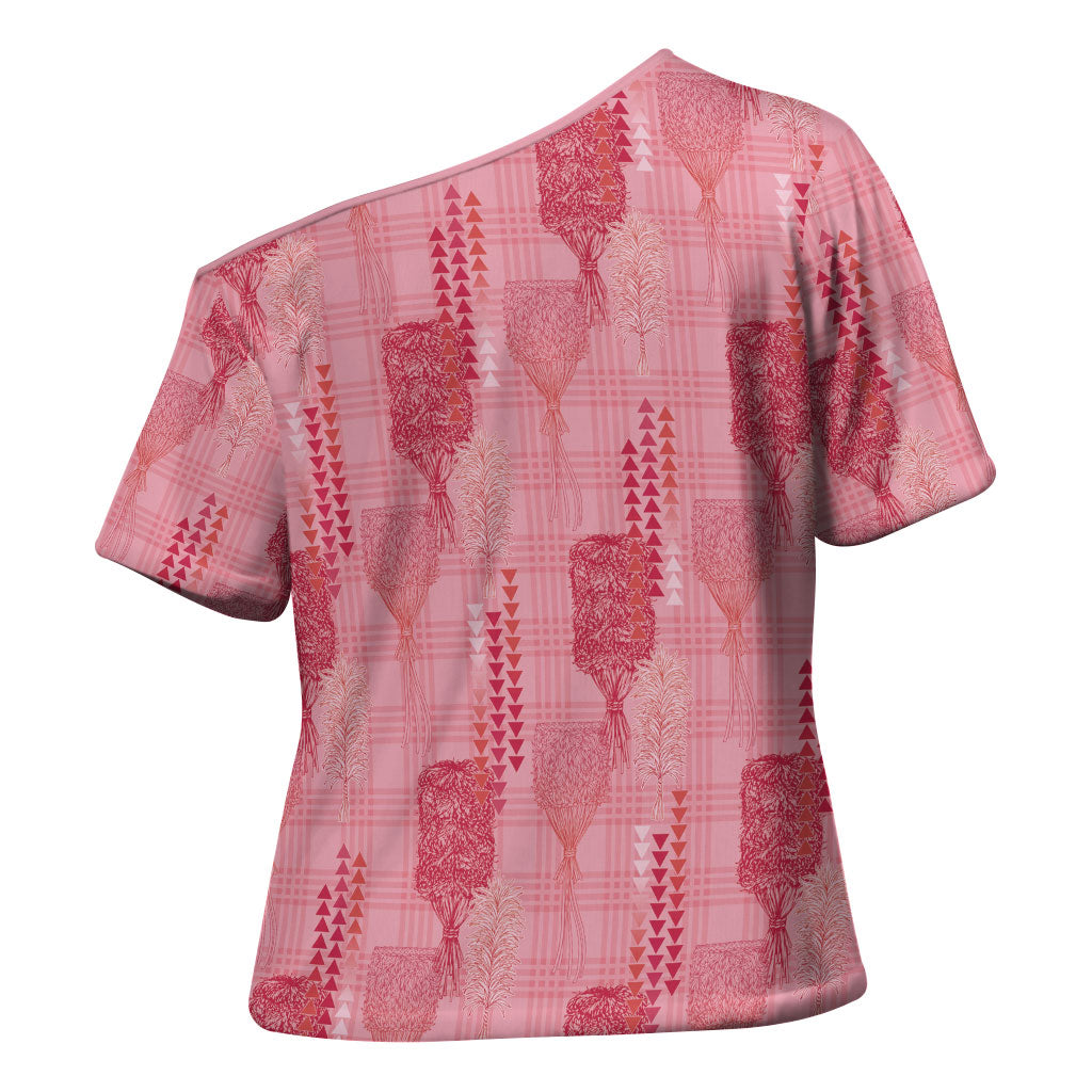 Aloha Hawaii Vintage Kahili Pa'a Lima Cross Shoulder Shirt Palaka Print Berry Pink