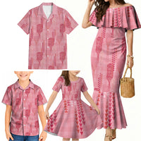 Aloha Hawaii Vintage Kahili Pa'a Lima Family Matching Mermaid Dress and Hawaiian Shirt Palaka Print Berry Pink