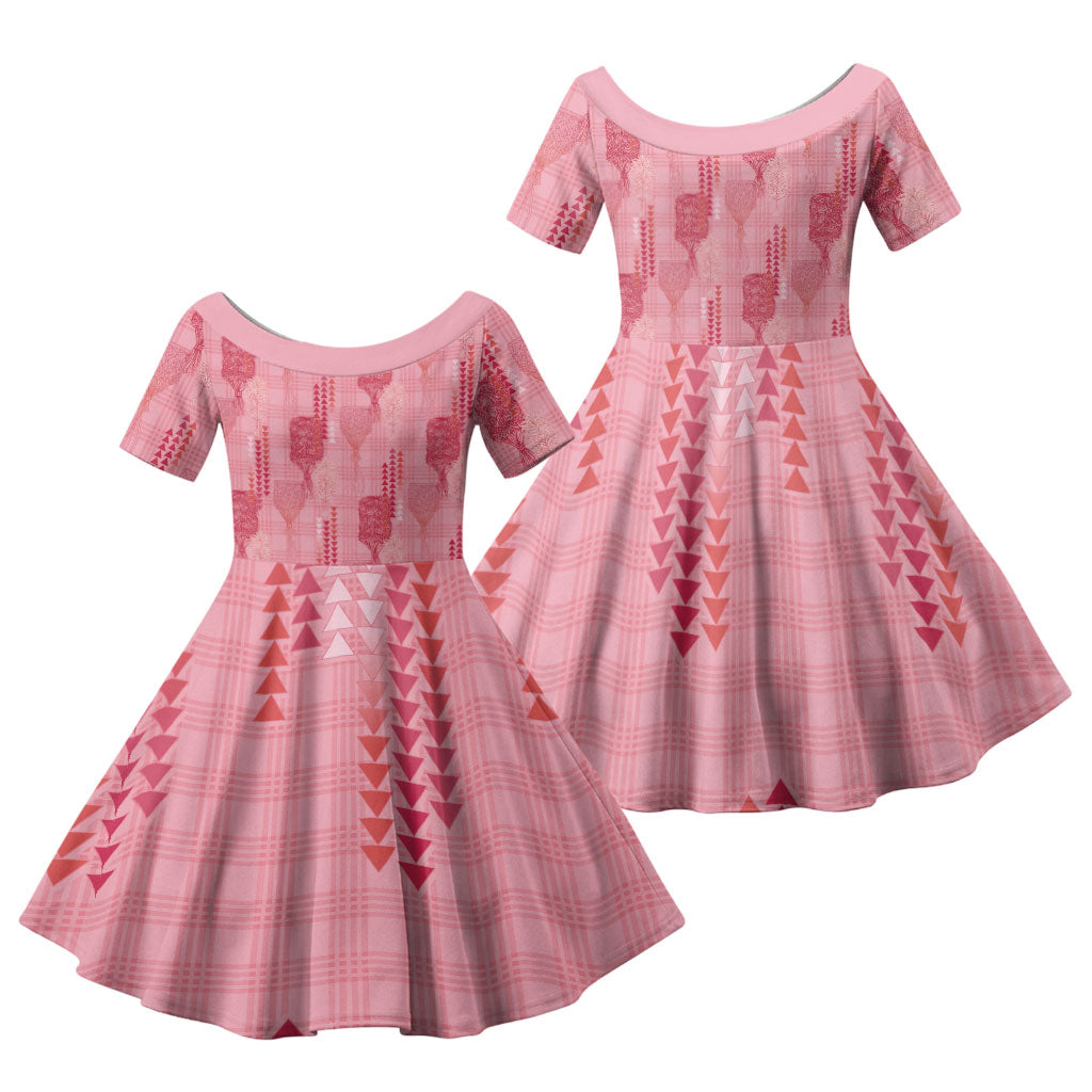 Aloha Hawaii Vintage Kahili Pa'a Lima Family Matching Off The Shoulder Long Sleeve Dress and Hawaiian Shirt Palaka Print Berry Pink