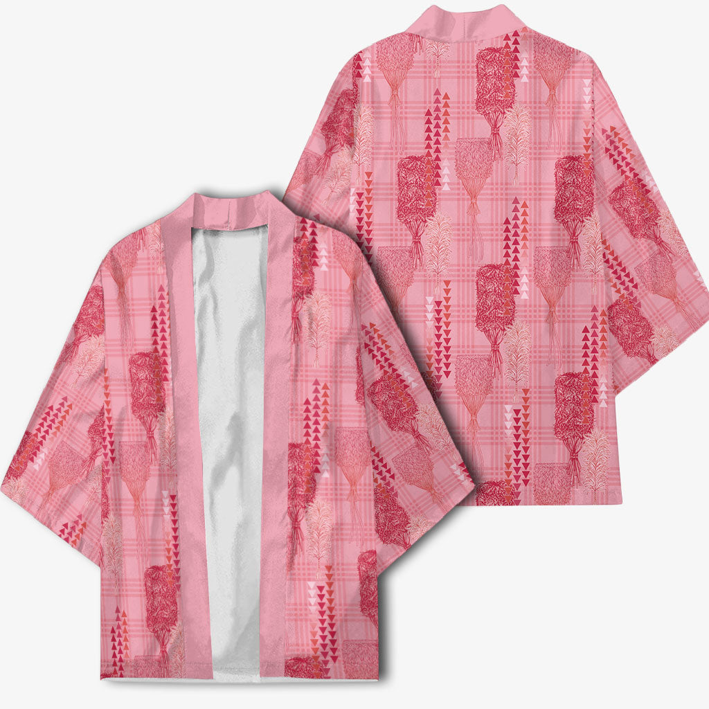 Aloha Hawaii Vintage Kahili Pa'a Lima Kimono Palaka Print Berry Pink