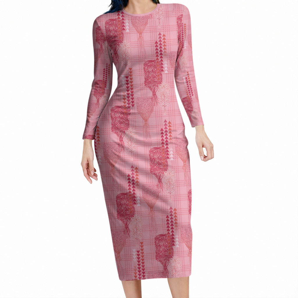 Aloha Hawaii Vintage Kahili Pa'a Lima Long Sleeve Bodycon Dress Palaka Print Berry Pink