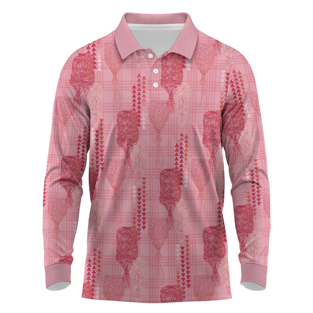 Aloha Hawaii Vintage Kahili Pa'a Lima Long Sleeve Polo Shirt Palaka Print Berry Pink
