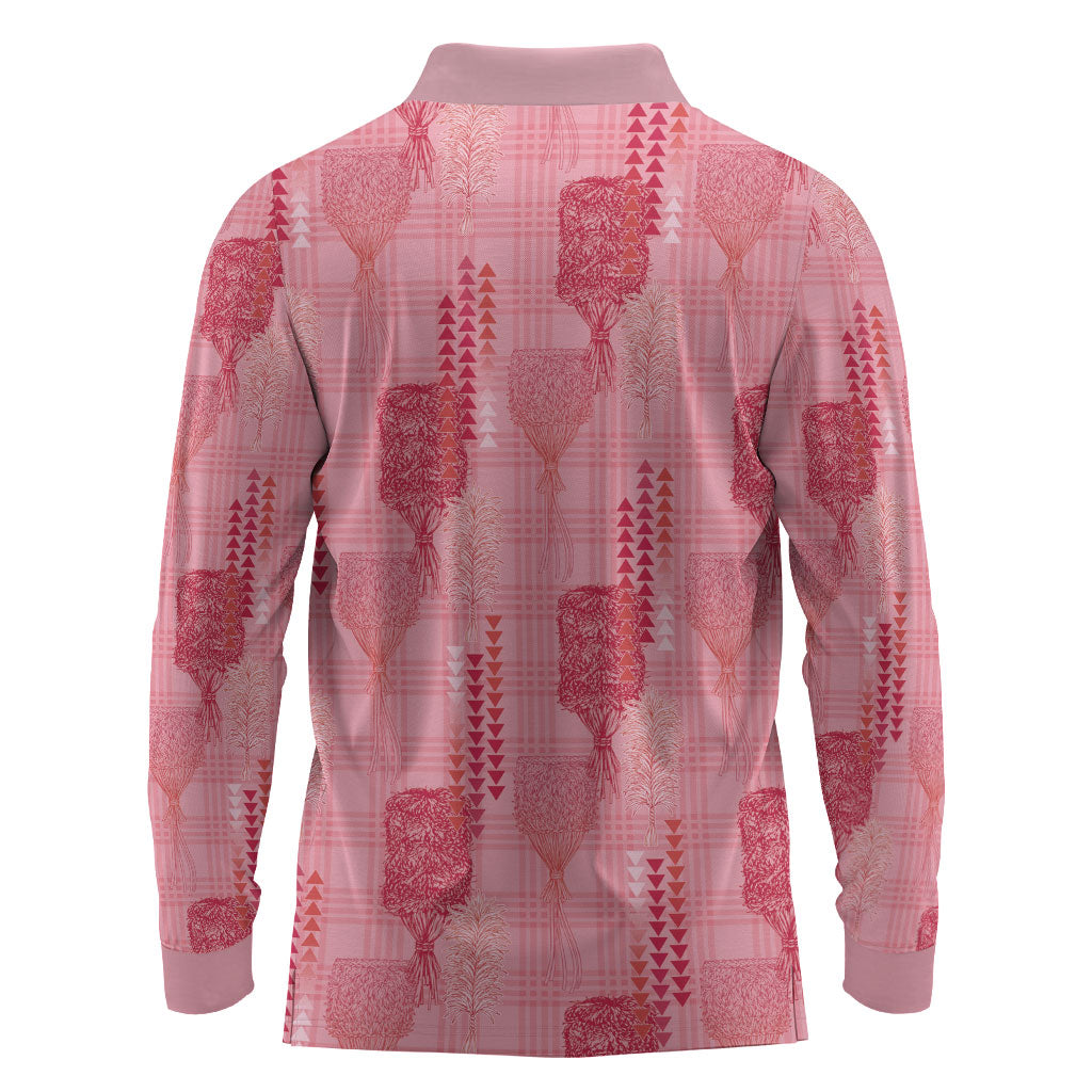 Aloha Hawaii Vintage Kahili Pa'a Lima Long Sleeve Polo Shirt Palaka Print Berry Pink
